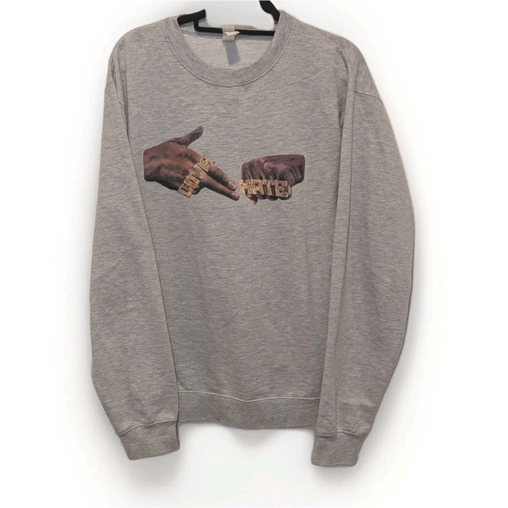 Y2K‎ Hip Hop Rap Graphic Love Hate Gold Rings Sweatshirt Small Streetwear Gray